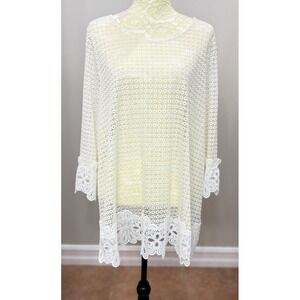 Alfani Womens 2X Ivory Open Knit Top Sheer Lace Trim Boho Resort Lightweight